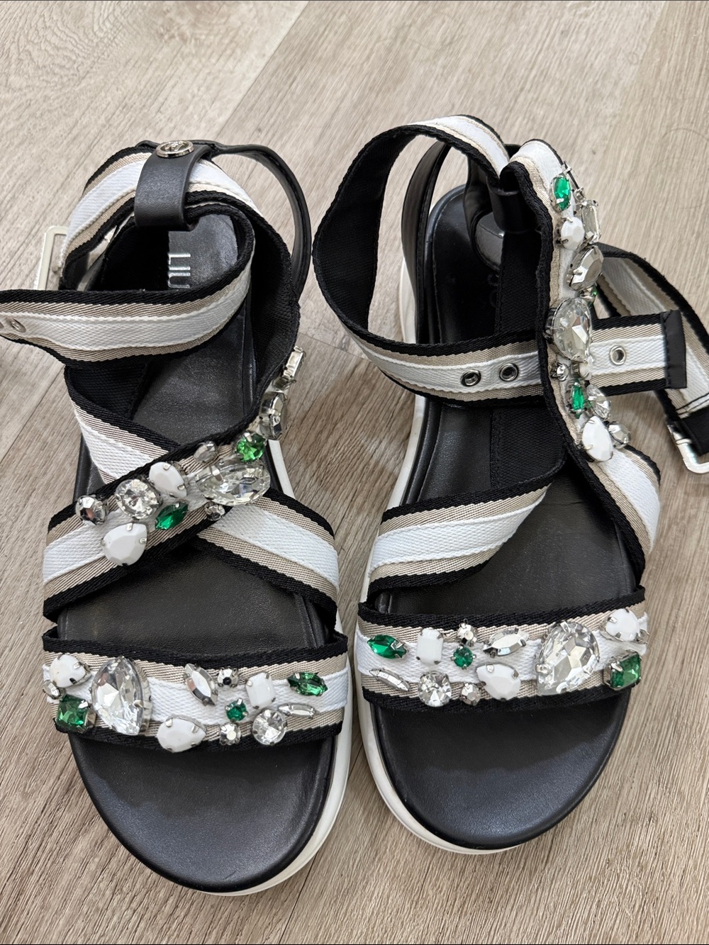 Liu Jo Black & White Strappy Sandals with Green Crystal Embellishments